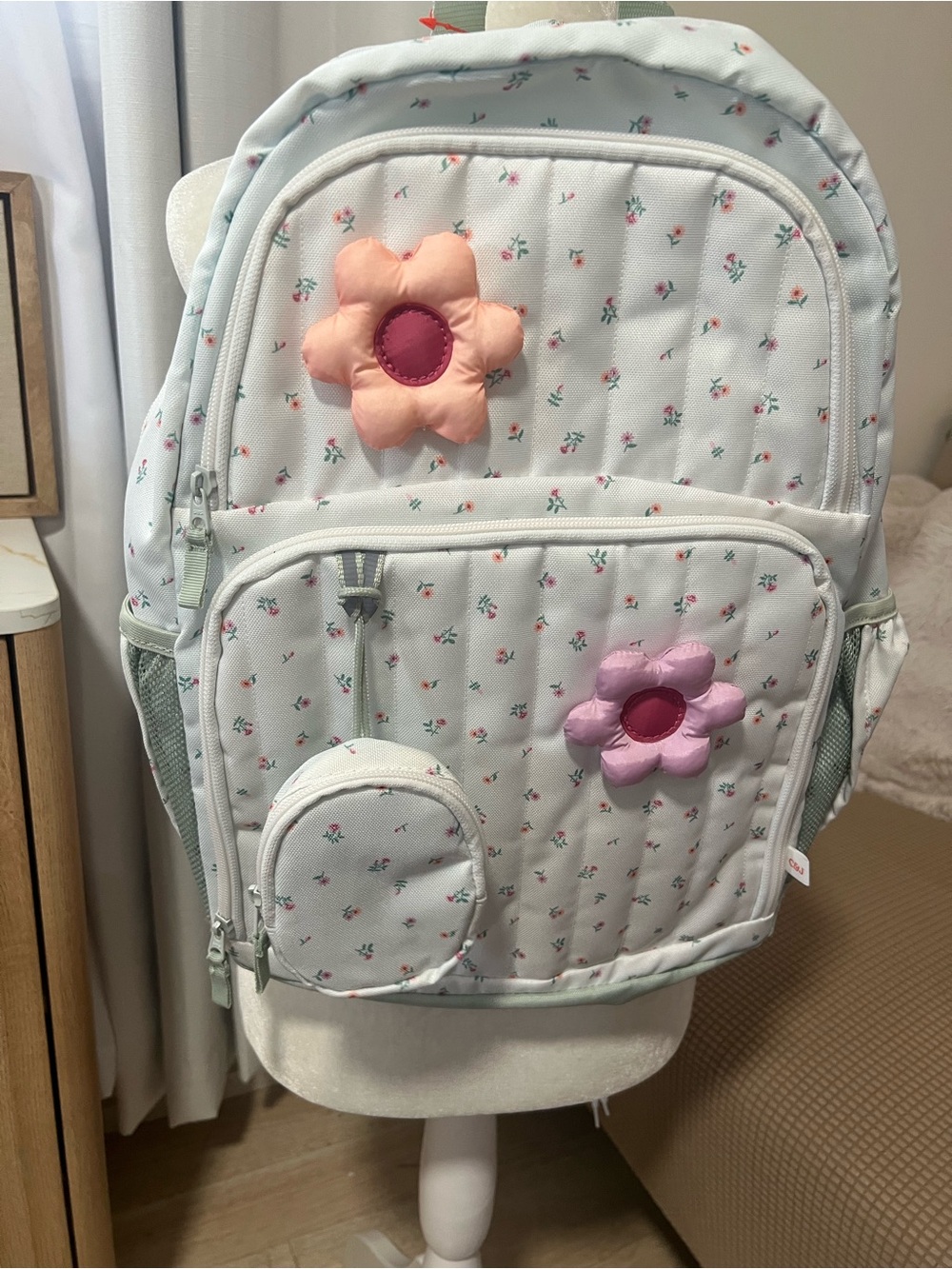 Kids Floral Quilted Backpack with Pink and Peach Flower Accents
